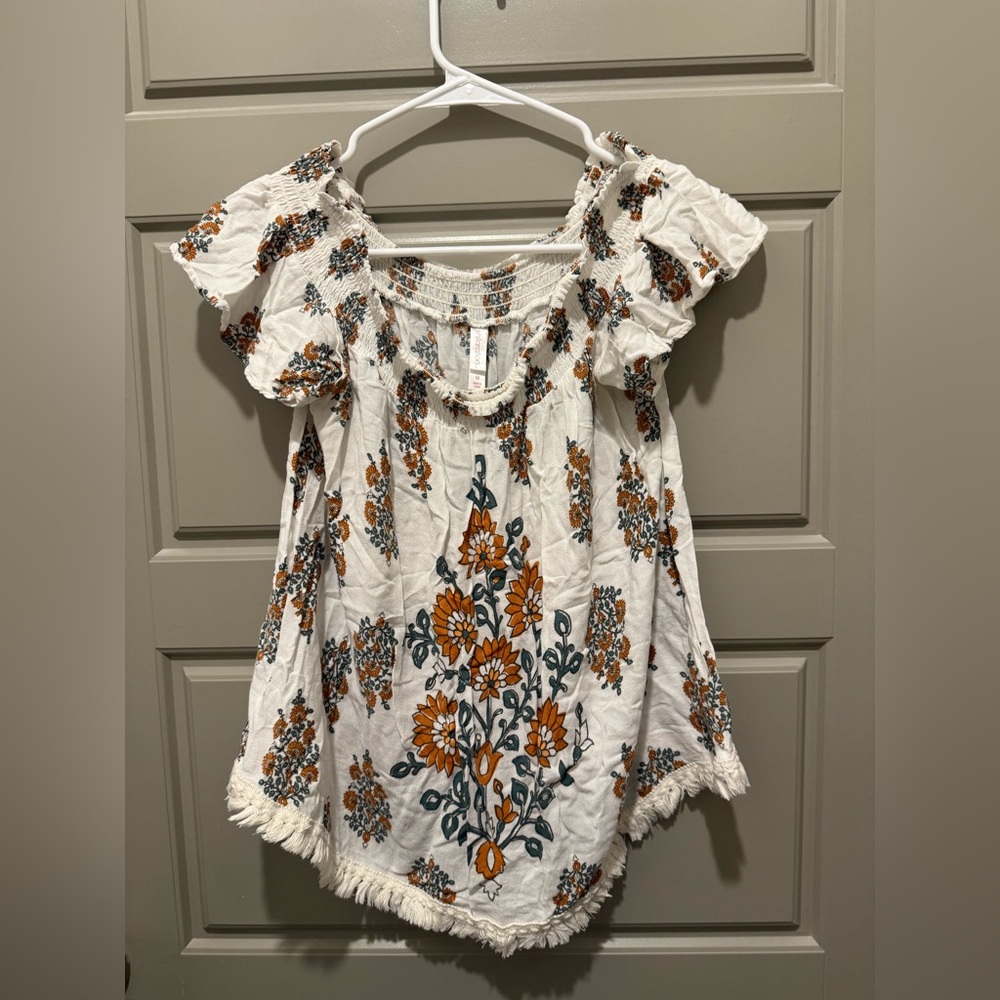 Xhilaration White Blouse with Orange and Green Floral Design